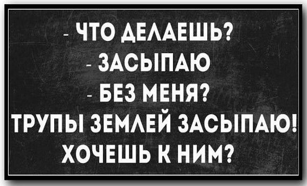 - ЧТО ДЕЛАЕШЬ?
- ЗАСЫПАЮ
- БЕЗ МЕНЯ?
ТРУПЫ ЗЕМЛЕЙ ЗАСЫПАЮ!
ХОЧЕШЬ К НИМ?