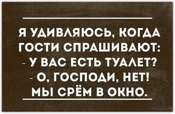 Я удивляюсь, когда гости спрашивают: - У вас есть туалет? - О, Господи, нет! Мы срём в окно.