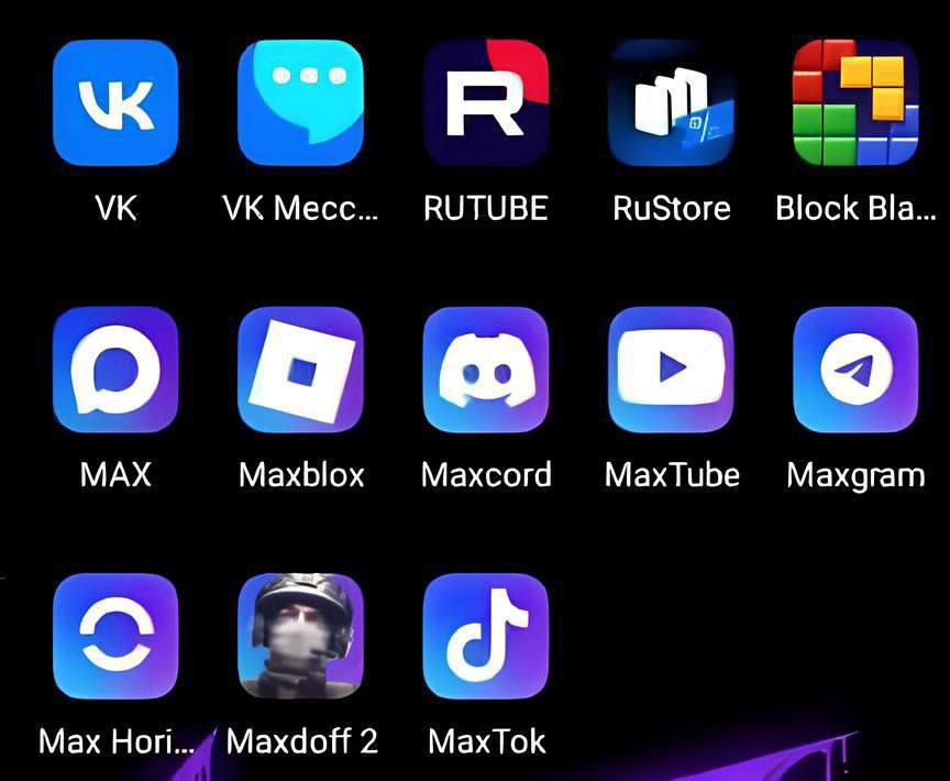 VK, VK Mess..., RUTUBE, RuStore, Block Bla..., MAX, Maxblob, Maxcord, MaxTube, Maxgram, Max Hor..., Maxdoff 2, MaxTok