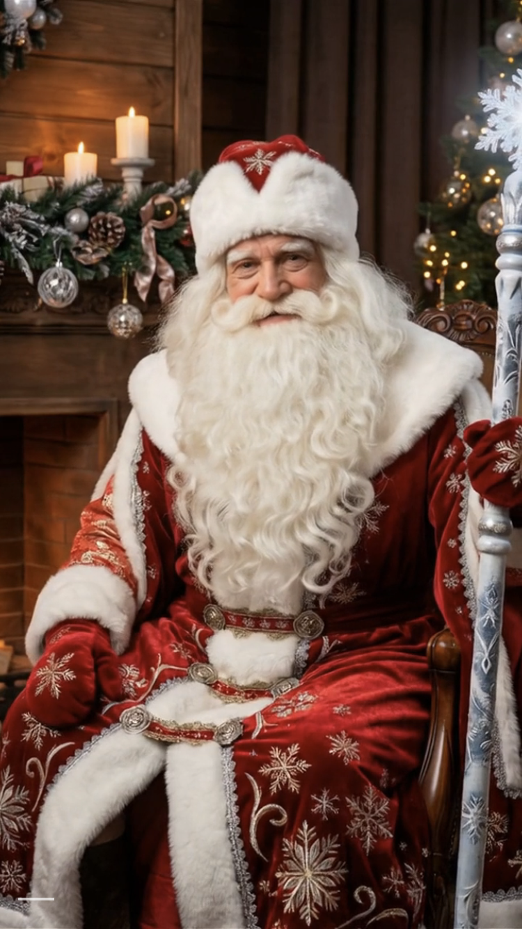 Дед Мороз в нарядном костюме сидит у камина на праздничной сцене