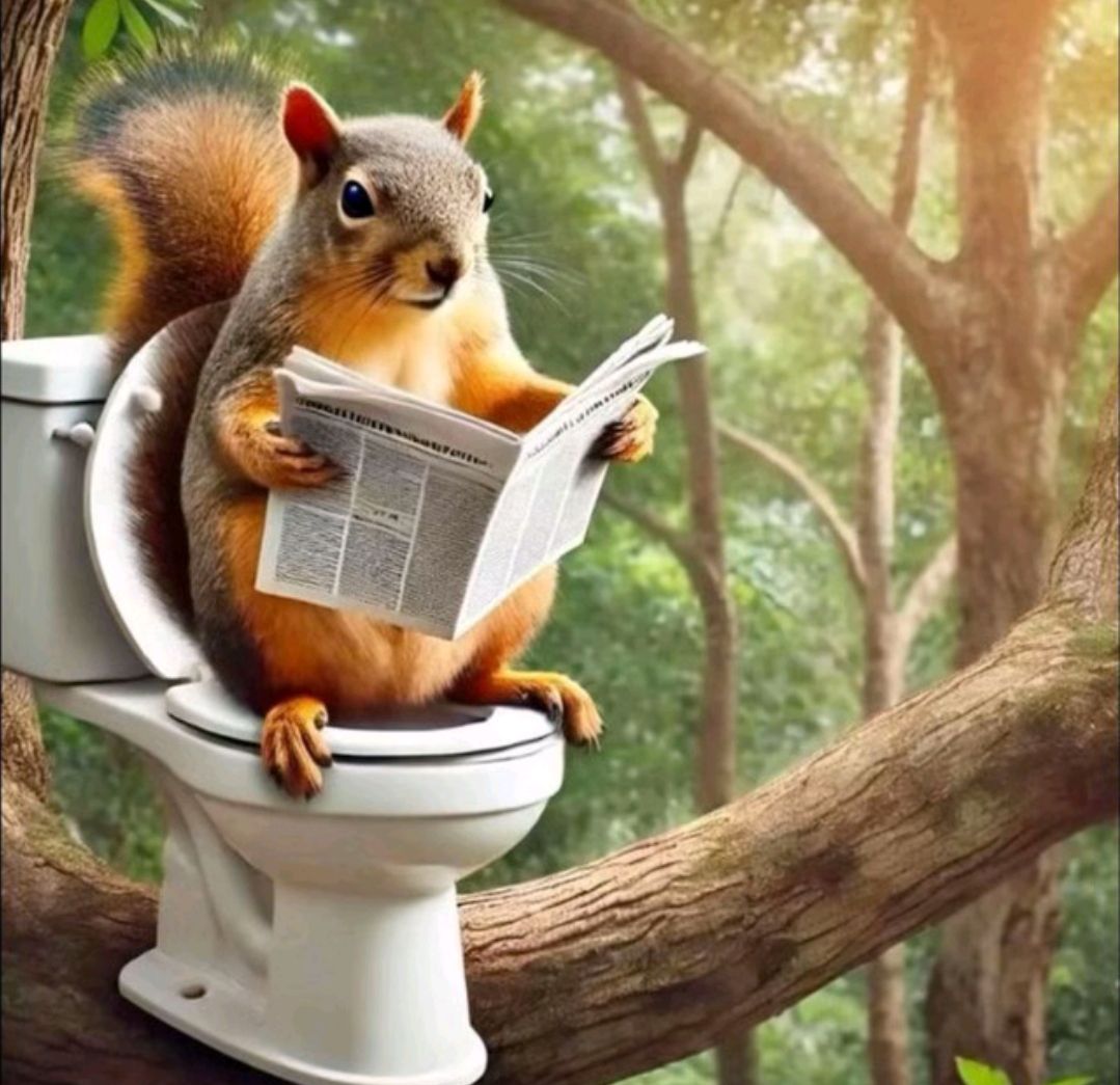 Белка сидит на унитазе в лесу и читает газету