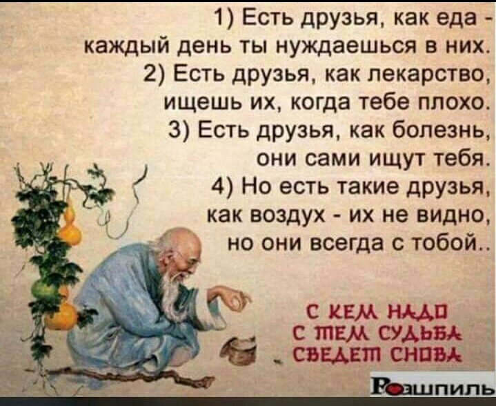 1 Есть друзья как еда каждый день ты нуждаешься в них 2 Есть друзья как лекарство ищешь их когда тебе плохо 3 Есть друзья как болезнь они сами ищут тебя _чд г 4 Но есть такие друзья д как воздух их не видно _ _ но они всегда с тобой