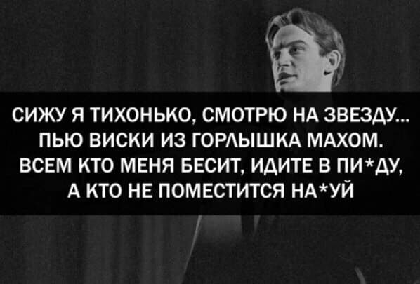 СИЖУ Я ТИХОНЬКО СМОТРЮ НА ЗВЕЗДУ ПЬЮ ВИСКИ ИЗ ГОРЛЫШКА МАХОМ ВСЕМ КТО МЕНЯ БЕСИТ ИДИТЕ В ПИДУ А КТО НЕ ПОМЕСТИТСЯ НАУЙ
