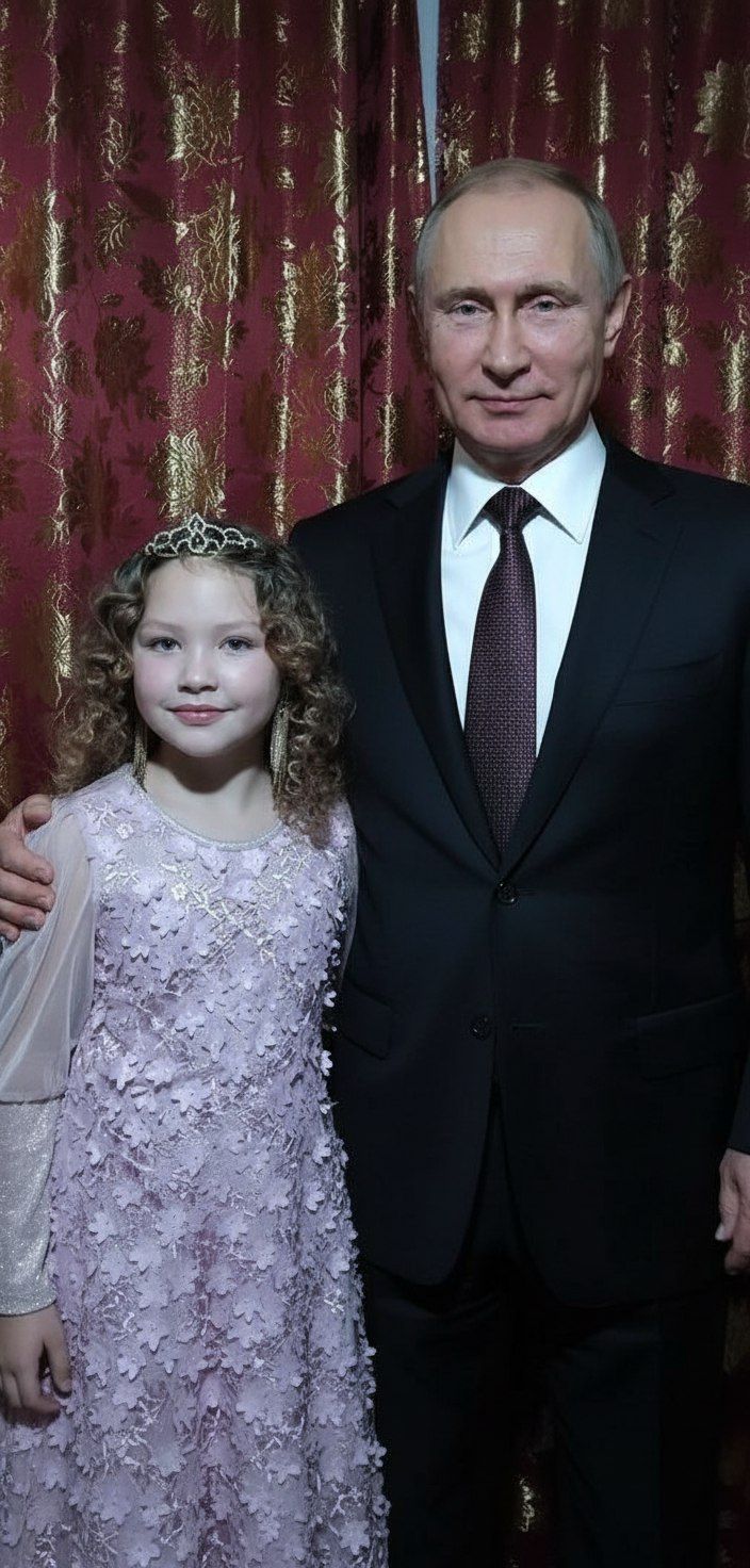 Мужчина в костюме стоит рядом с девочкой в розовом платье на фоне бархатной занавеси.