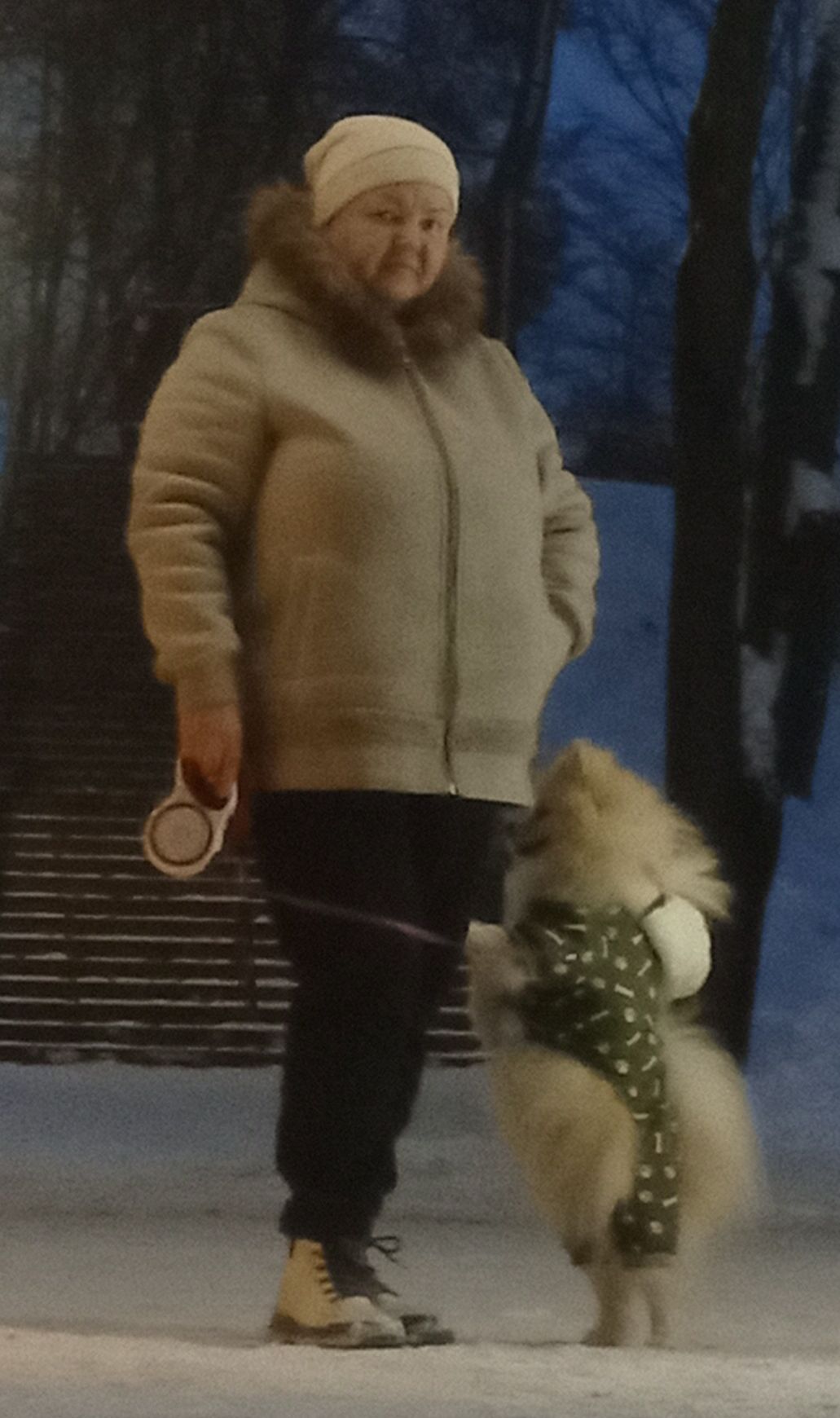 Собака в пальто рядом с женщиной на зимней прогулке