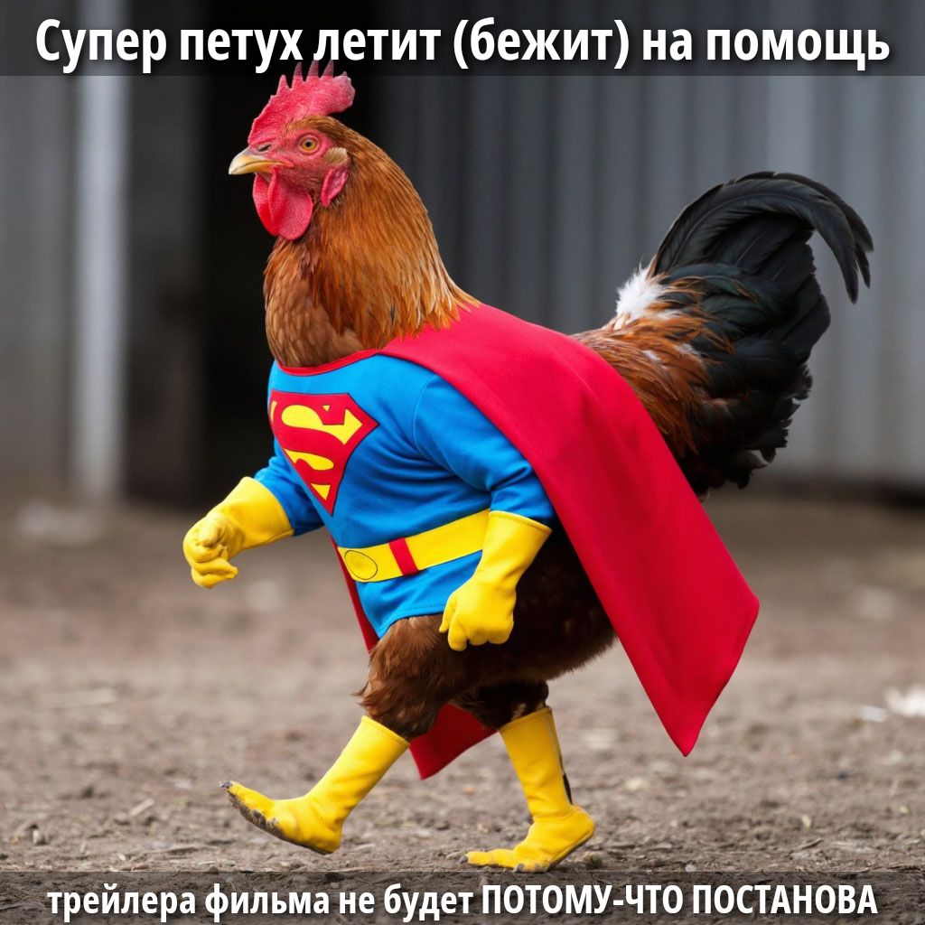 Супер петух летит (бежит) на помощь
Трейлера фильма не будет ПОТОМУ-ЧТО ПОСТАНОВА