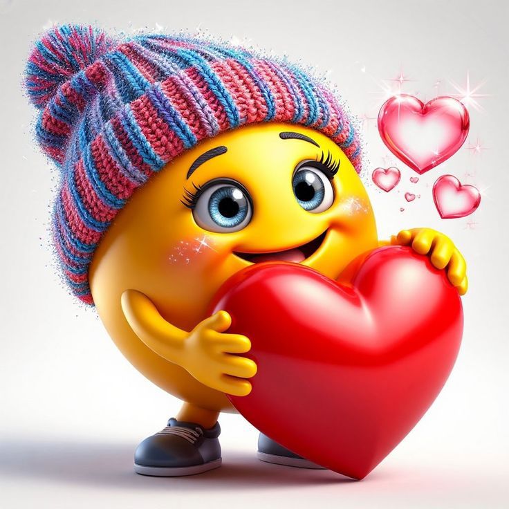 Смайлик вязаной шапке держит красное сердце, выглядит мило и дружелюбно.