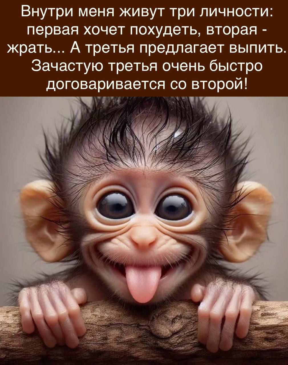 Внутри меня живут три личности: первая хочет похудеть, вторая - жрать... А третья предлагает выпить. Зачастую третья очень быстро договаривается со второй!