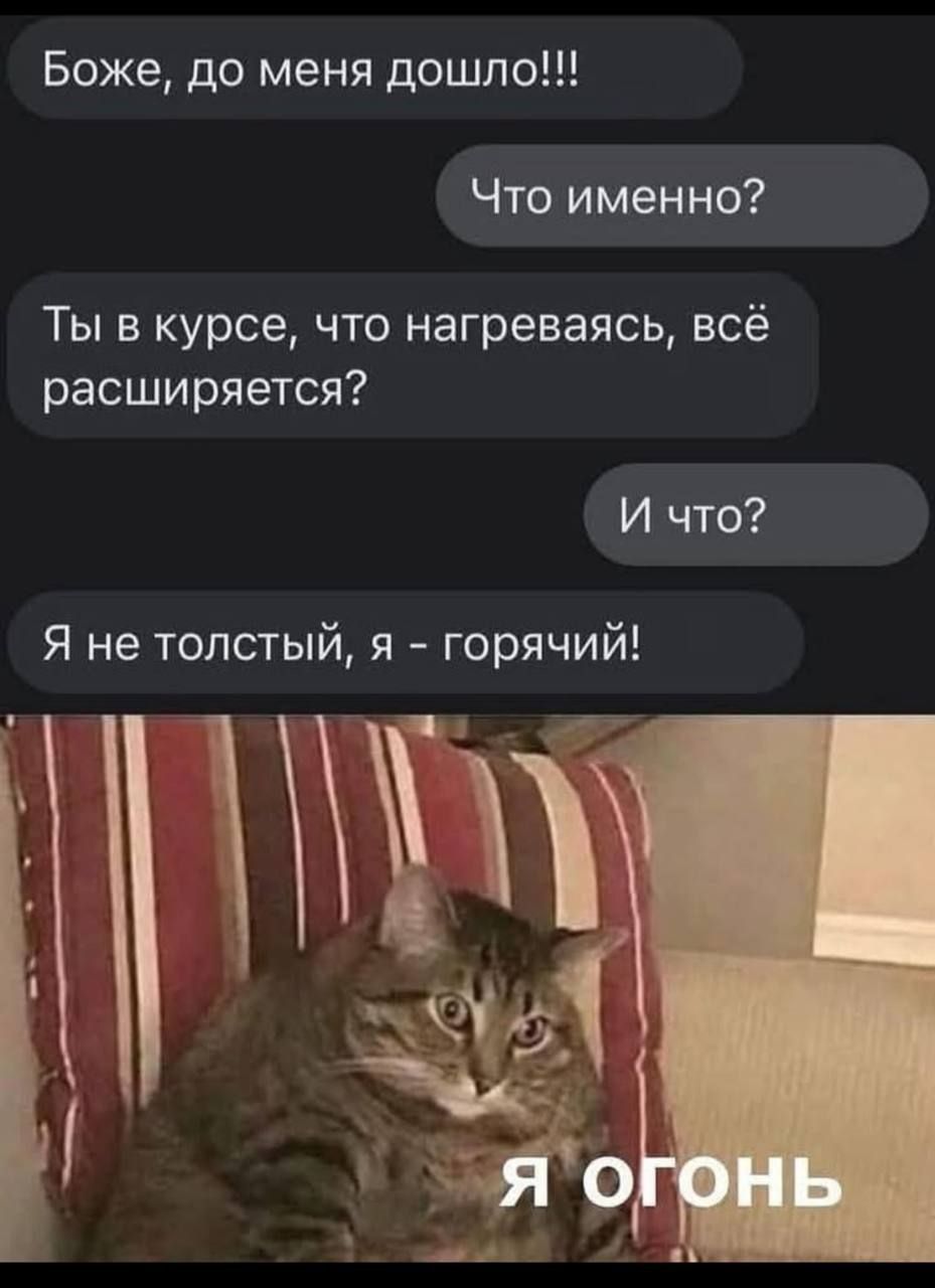 Боже, до меня дошло!!! Что именно? Ты в курсе, что нагреваешься, всё расширяется? И что? Я не толстый, я - горячий! Я огонь