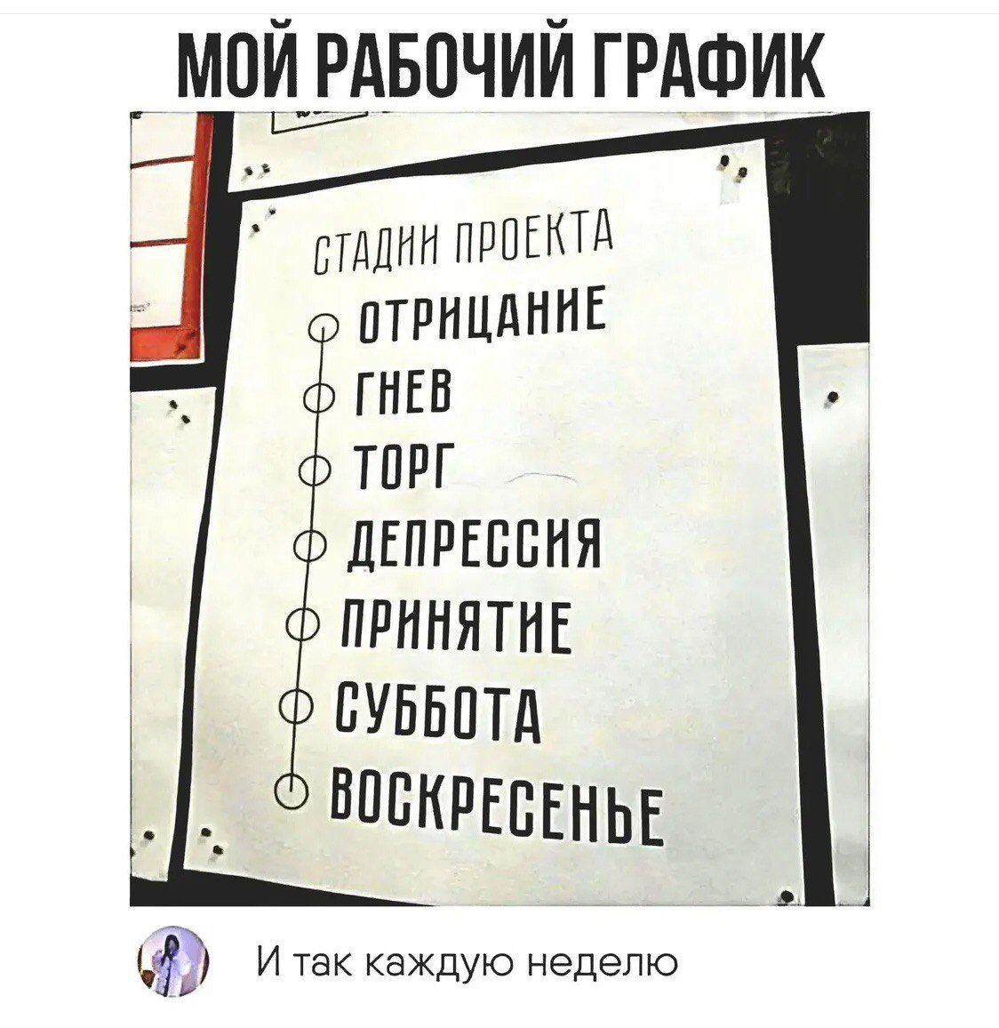 МОЙ РАБОЧИЙ ГРАФИК
СТАДИИ ПРОЕКТА
ОТРИЦАНИЕ
ГНЕВ
ТОРГ
ДЕПРЕССИЯ
ПРИНЯТИЕ
СУБОТА
ВОСКРЕСЕНЬЕ
И так каждую неделю