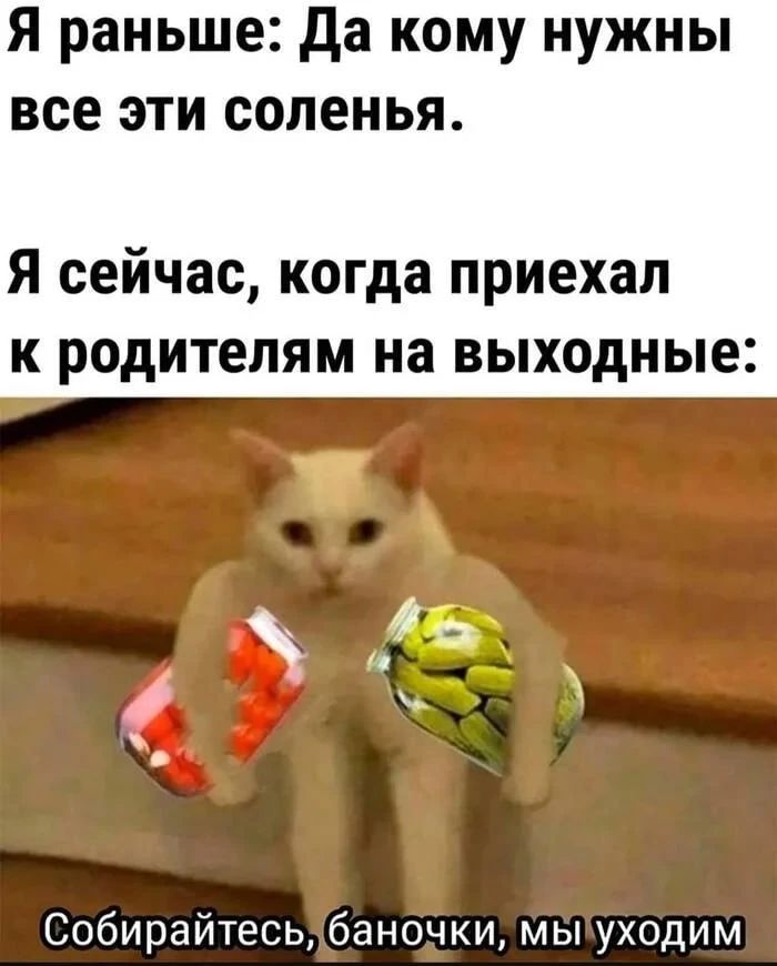 Я раньше: Да кому нужны все эти соленья. Я сейчас, когда приехал к родителям на выходные: Собирайтесь, баночки, мы уходим