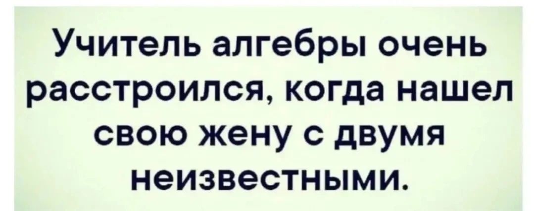 Учитель алгебры очень расстроился, когда нашел свою жену с двумя неизвестными.