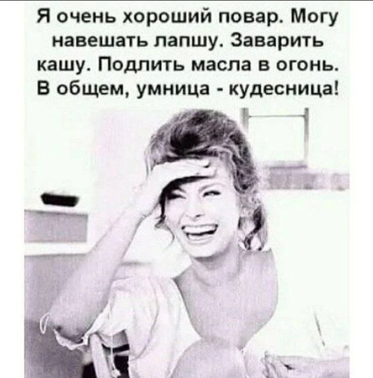 Я очень хороший повар. Могу навешать лапшу. Заварить кашу. Подлить масла в огонь. В общем, умница - кучедница!