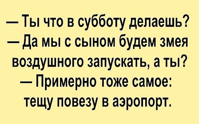 Ты что в субботу делаешь? Да мы с сыном будем змея воздушного запускать, а ты? Примерно тоже самое: тещу повезу в аэропорт.