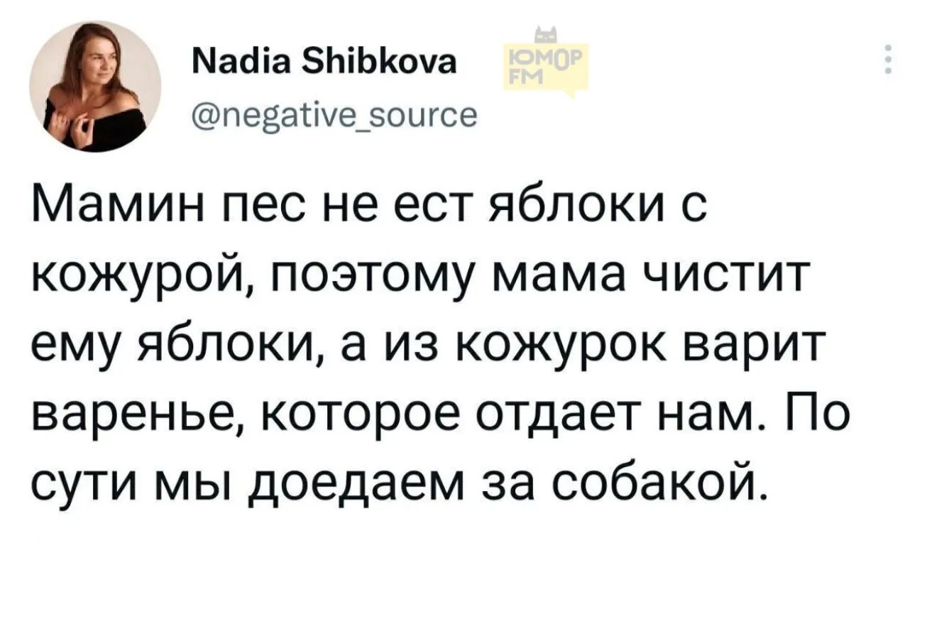 Nadia Shibkova @negative_source ЮМОР FM Мамин пес не ест яблоки с кожурой, поэтому мама чистит ему яблоки, а из кожурок варит варенье, которое отдает нам. По сути мы доедаем за собакой.