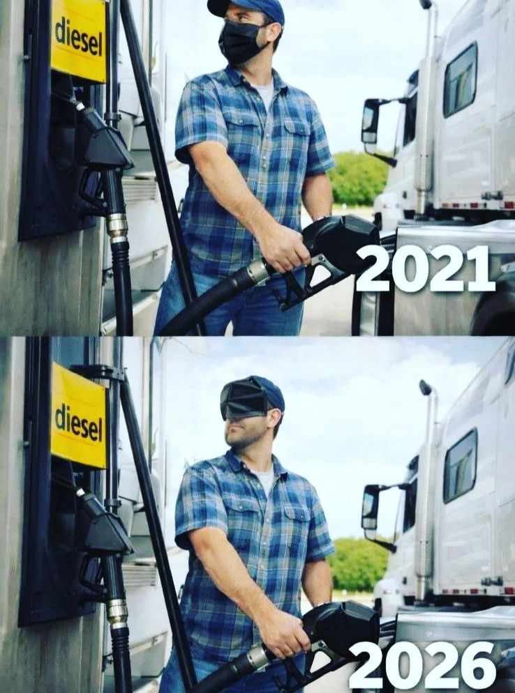 2021. Diesel. Мужчина в маске заправляет дизель. 2026. Diesel. Мужчина в VR-очках заправляет дизель.