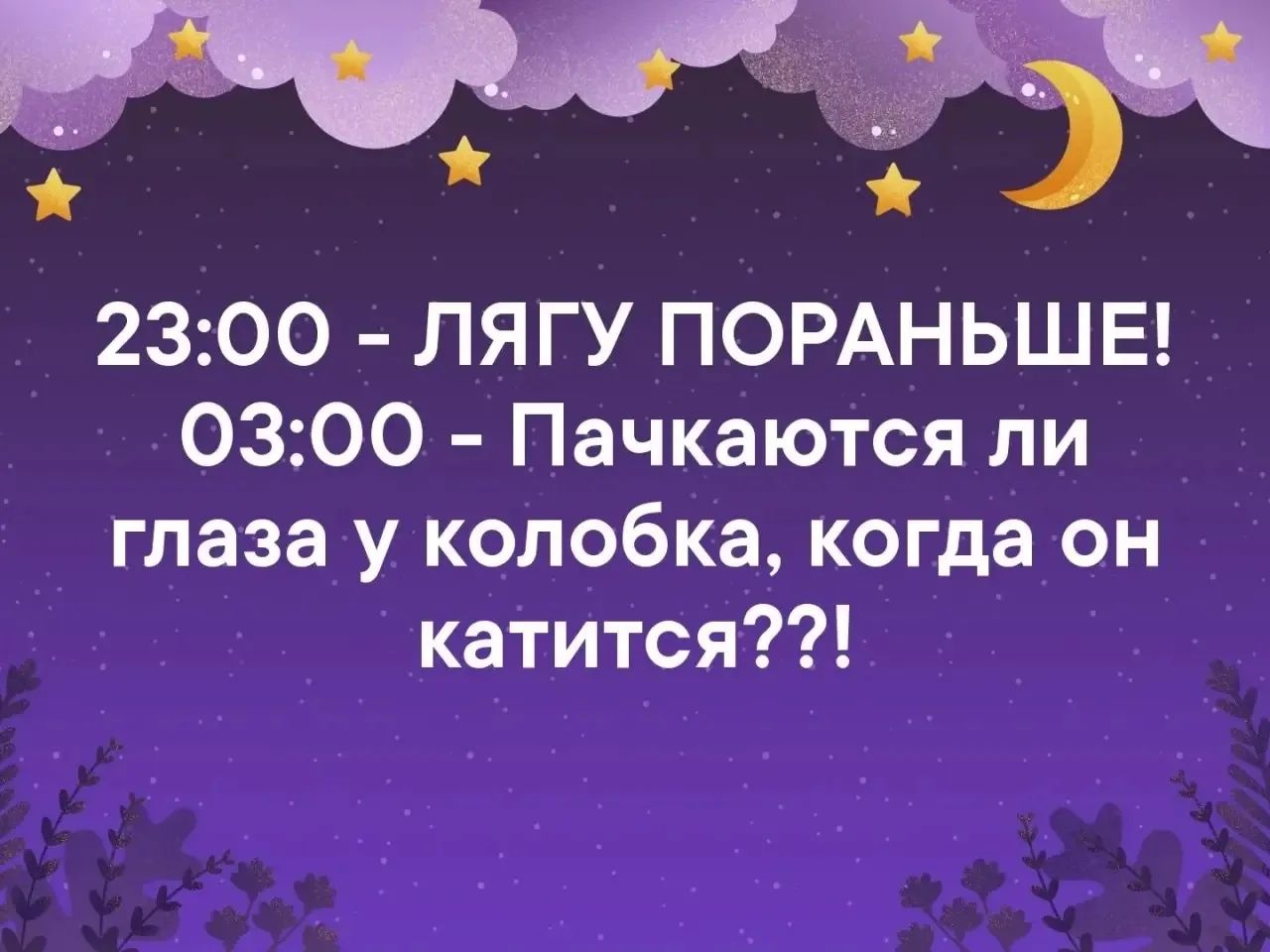 23:00 - ЛЯГУ ПОРАНЬШЕ! 03:00 - Пачкаются ли глаза у колобка, когда он катится??!