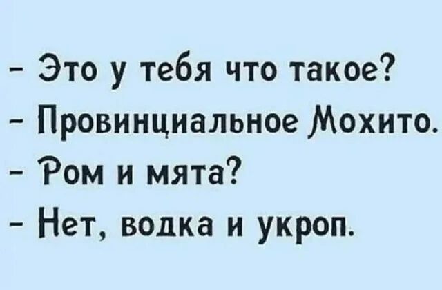– Это у тебя что такое?
– Провинциальное Мохито.
– Ром и мята?
– Нет, водка и укроп.