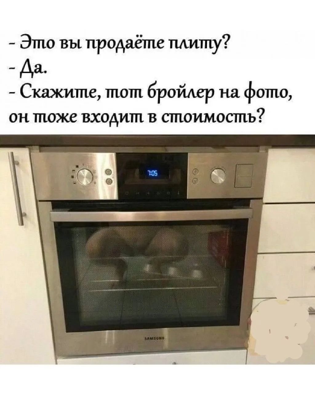 - Это вы продаёте плиту?
- Да.
- Скажите, тот бройлер на фото, он тоже входит в стоимость?