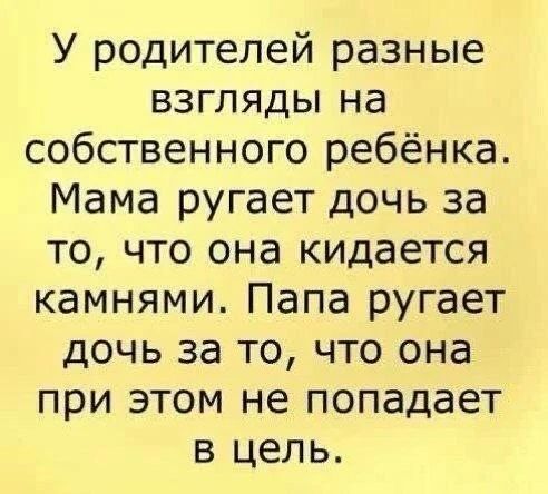 У родителей разные взгляды на собственного ребёнка. Мама ругает дочь за то, что она кидается камнями. Папа ругает дочь за то, что она при этом не попадает в цель.