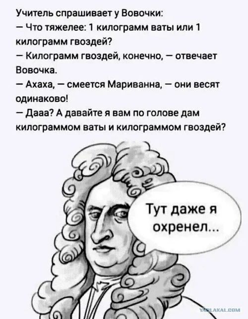 Учитель спрашивает у Вовочки: — Что тяжелее: 1 килограмм ваты или 1 килограмм гвоздей? — Килограмм гвоздей, конечно, — отвечает Вовочка. — Ахаха, — смеется Мариванна, — они весят одинаково! — Дааа? А давайте я вам по голове дам килограммом ваты и килограммом гвоздей? Тут даже я охренел...