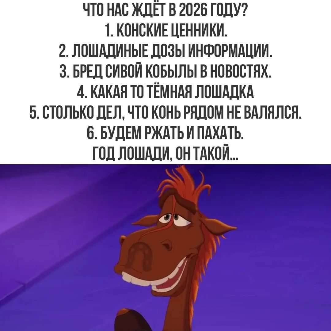 ЧТО НАС ЖДЁТ В 2026 ГОДУ? 1. КОНСКИЕ ЦЕННИКИ. 2. ЛОШАДИНЫЕ ДОЗЫ ИНФОРМАЦИИ. 3. БРЕД СИВОЙ КОБЫЛЫ В НОВОСТЯХ. 4. КАКАЯ ТО ТЁМНАЯ ЛОШАДКА 5. СТОЛЬКО ДЕЛ, ЧТО КОНЬ РЯДОМ НЕ ВАЛЯЛСЯ. 6. БУДЕМ РЖАТЬ И ПАХАТЬ. ГОД ЛОШАДИ, ОН ТАКОЙ...