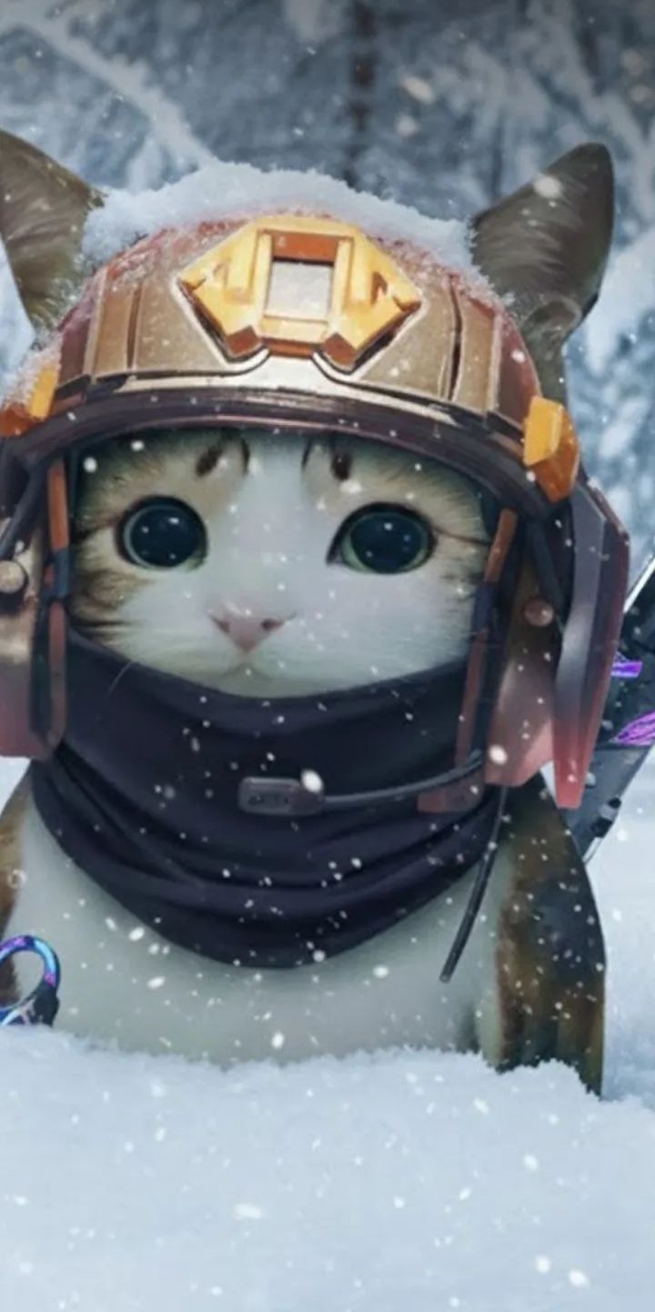 Маленький кот в зимнем шлеме на снегу