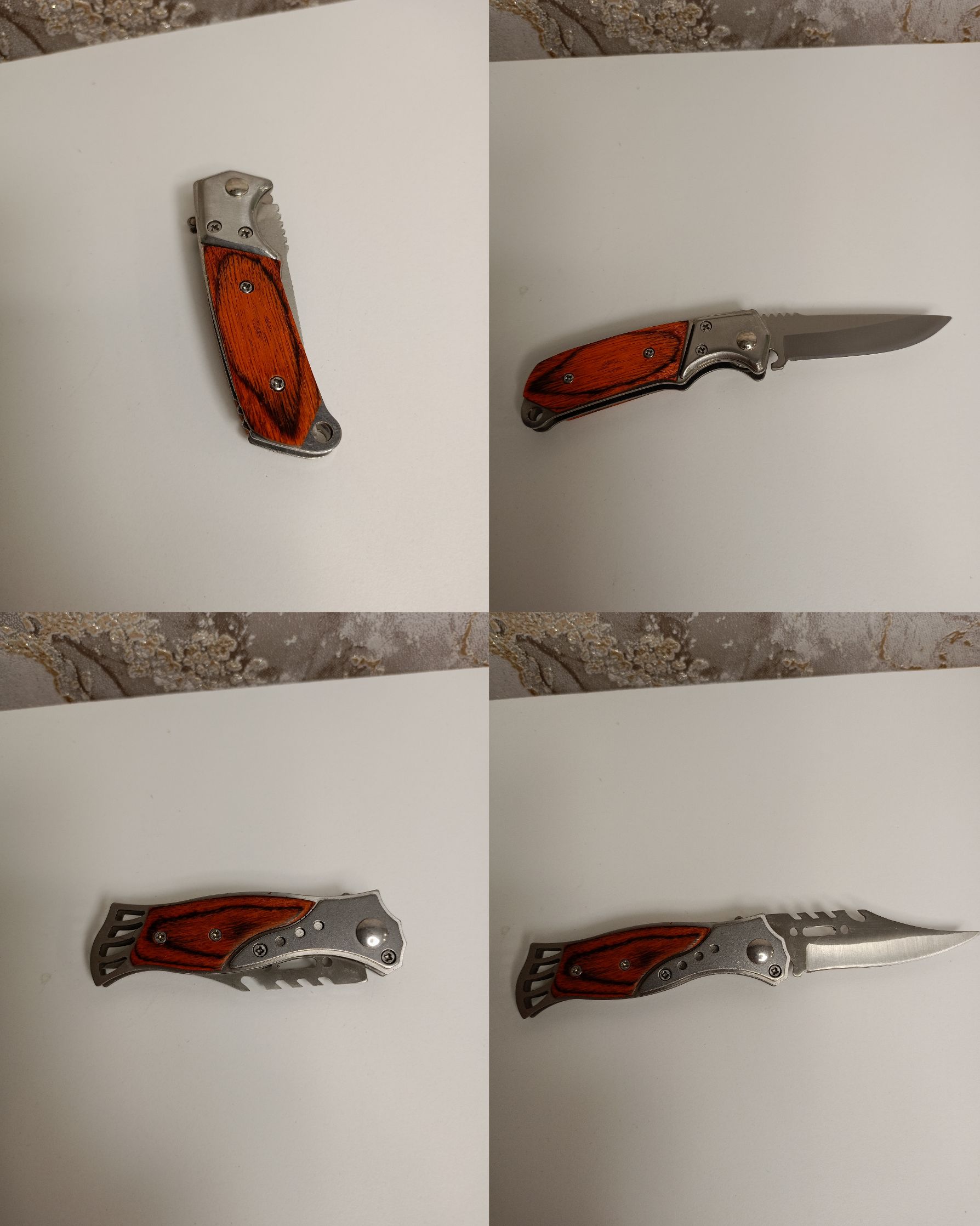 Разложной нож с деревянной рукоятью на белом фоне