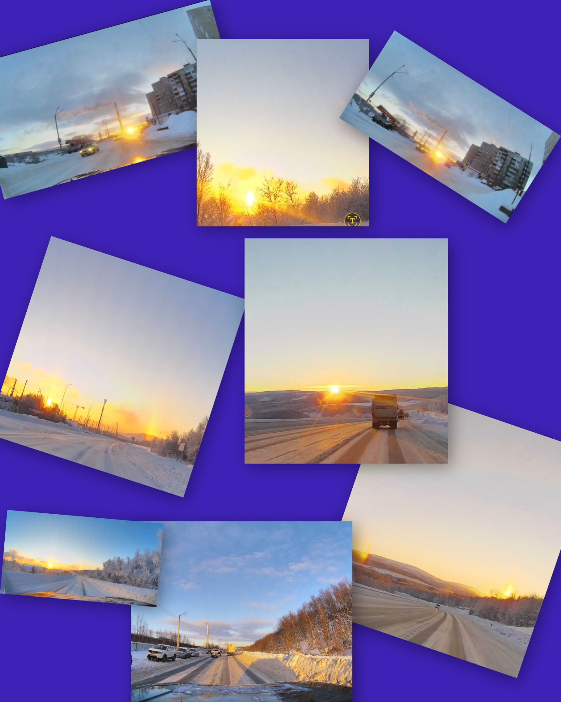 Коллаж из нескольких снимков зимнего пейзажа на снежной дороге с восходом/закатом.