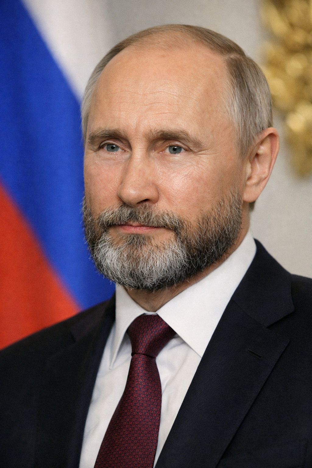 Мужчина в деловом костюме на фоне российского флага.