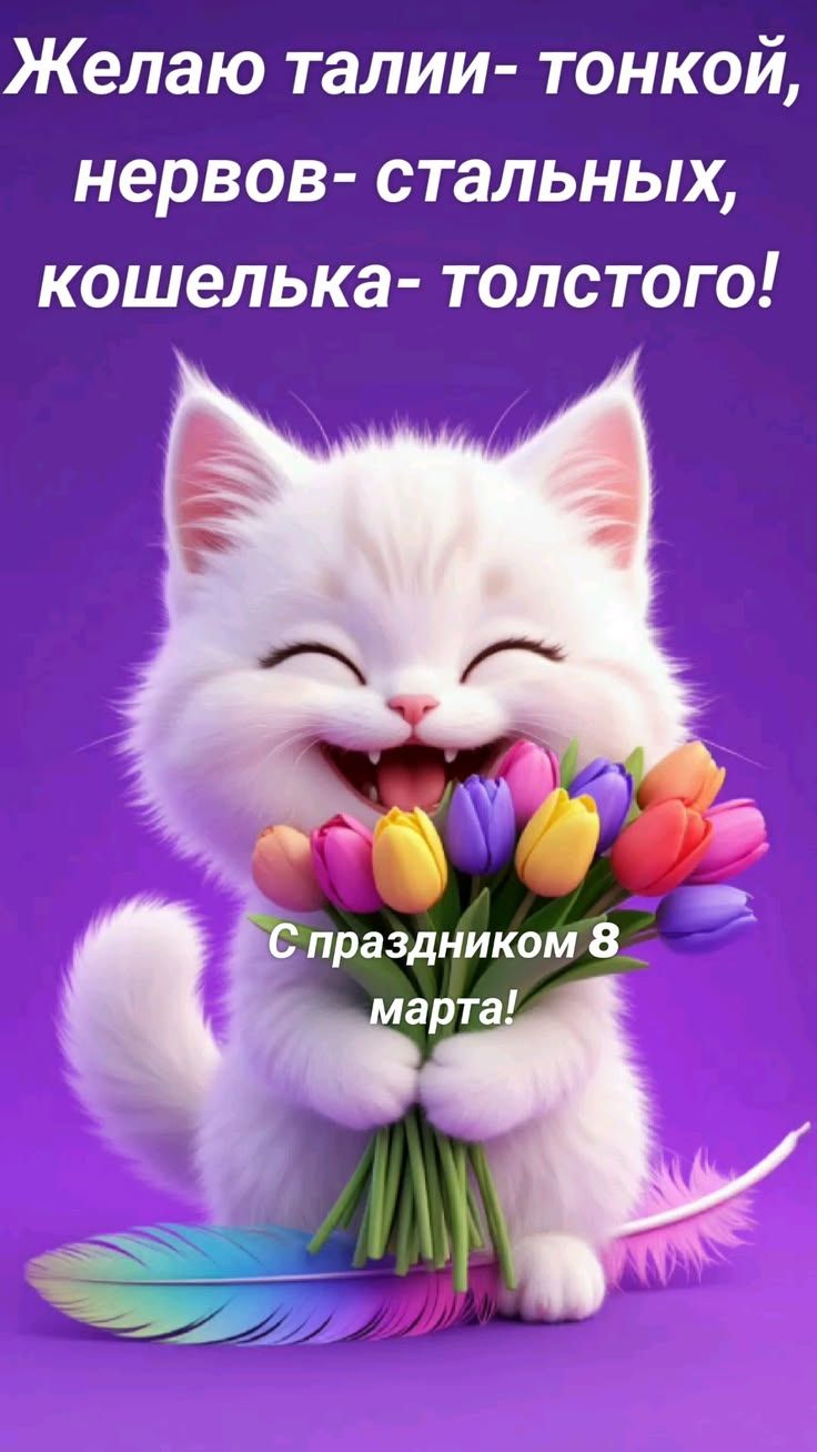 Желаю талии- тонкой, нервов- стальных, кошелка- толстого! С праздником 8 марта!