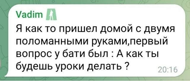 Я как то пришел домой с двумя поломанными руками,первый вопрос у бати был : А как ты будешь уроки делать ?