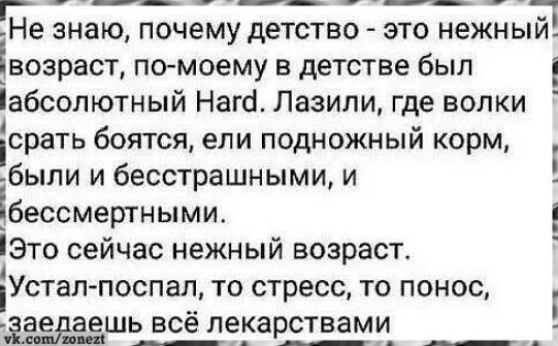Не знаю, почему детство - это нежный возраст, по-моему в детстве был абсолютный Hard. Лазили, где волки срать боялись, ели подножный корм, были и бесстрашными, и бессмертными. Это сейчас нежный возраст. Устал-поспал, то стресс, то понос, заедаешь всё лекарствами