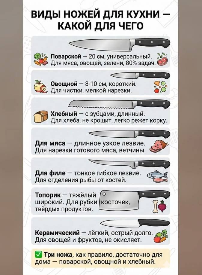 ВИДЫ НОЖЕЙ ДЛЯ КУХНИ — КАКОЙ ДЛЯ ЧЕГО
Поварской — 20 см, универсальный. Для мяса, овощей, зелени, 80% задач.
Овощной — 8-10 см, короткий. Для чистки, мелкой нарезки.
Хлебный — с зубами, длинный. Для хлеба, не крошит, легко режет корку.
Для мяса — длинное узкое лезвие. Для нарезки готового мяса, ветчины.
Для филе — тонкое гибкое лезвие. Для отделения рыбы от костей.
Топорик — тяжёлый широкий. Для рубки твёрдых продуктов.
Керамический — лёгкий, острый долго. Для овощей и фруктов, не окислит.
三 Три ножа, как правило, достаточно для дома — поварской, овощной и хлебный.