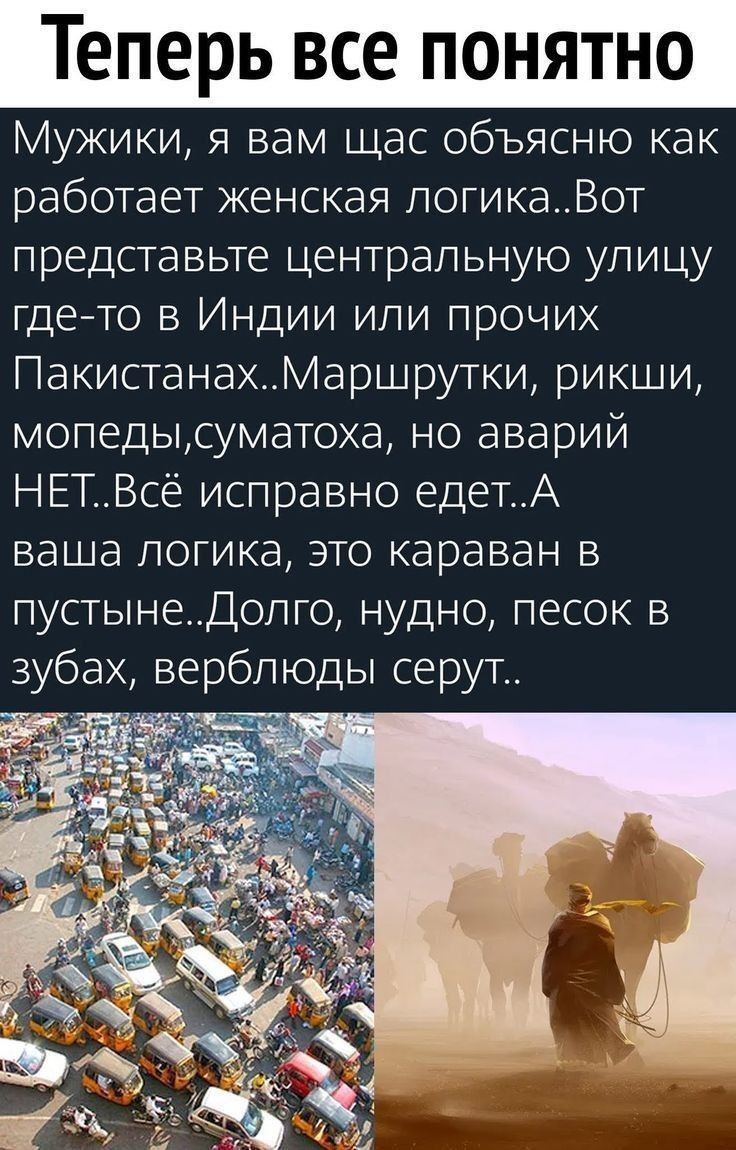 Теперь все понятно
Мужики, я вам щас объясню как работает женская логика..Вот представьте центральную улицу где-то в Индии или прочих Пакистанах..Маршрутки, рикши, мопеды,суматоха, но аварий НЕТ..Всё исправно едет..А ваша логика, это караван в пустыне..Долго, нудно, песок в зубах, верблюды серут..