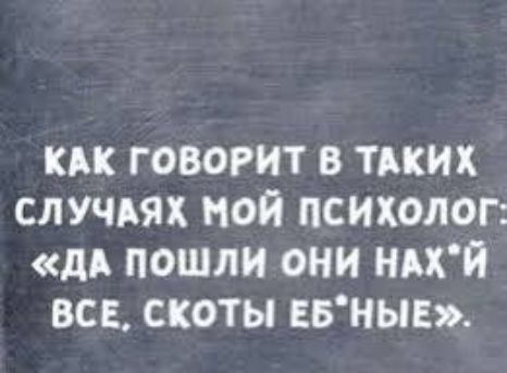 КАК ГОВОРИТ В ТАКИХ СЛУЧАЯХ МОЙ ПСИХОЛОГ: «ДА ПОШЛИ ОНИ НАХ*Й ВСЕ, СКОТЫ ЕБ*НЫЕ».