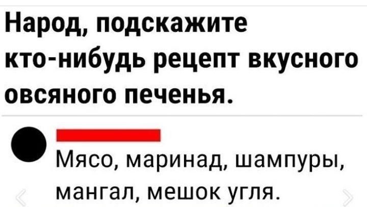 Народ, подскажите кто-нибудь рецепт вкусного овсяного печенья. Мясо, маринад, шампуры, мангал, мешок угля.