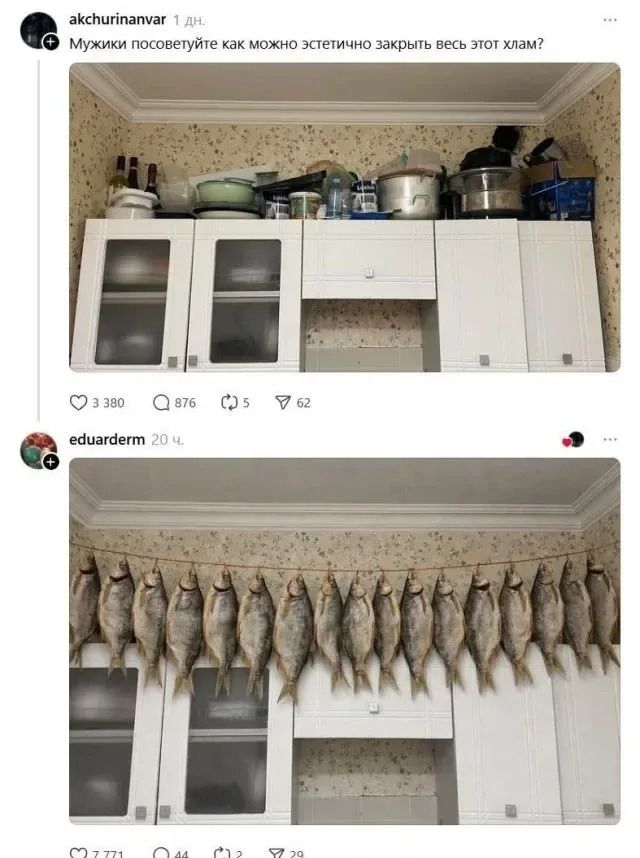 Мужики посоветуйте как можно эстетично закрыть весь этот хлам? (Изображение: ряд сушеной рыбы, висящей над кухонными шкафами)