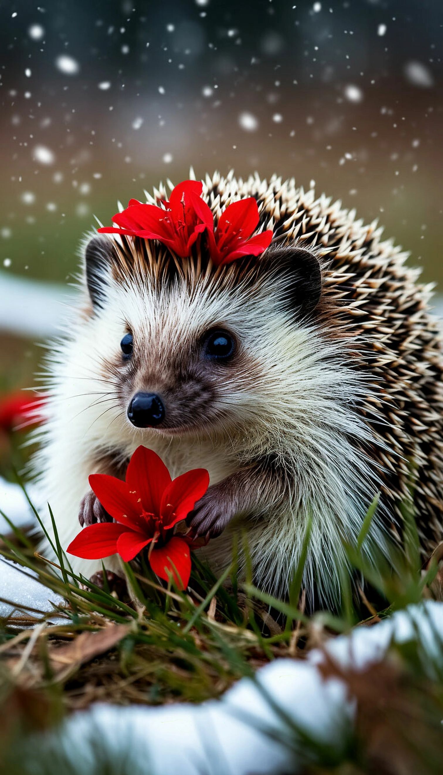 Милый ёжик с красными цветами на голове на заснеженном фоне.