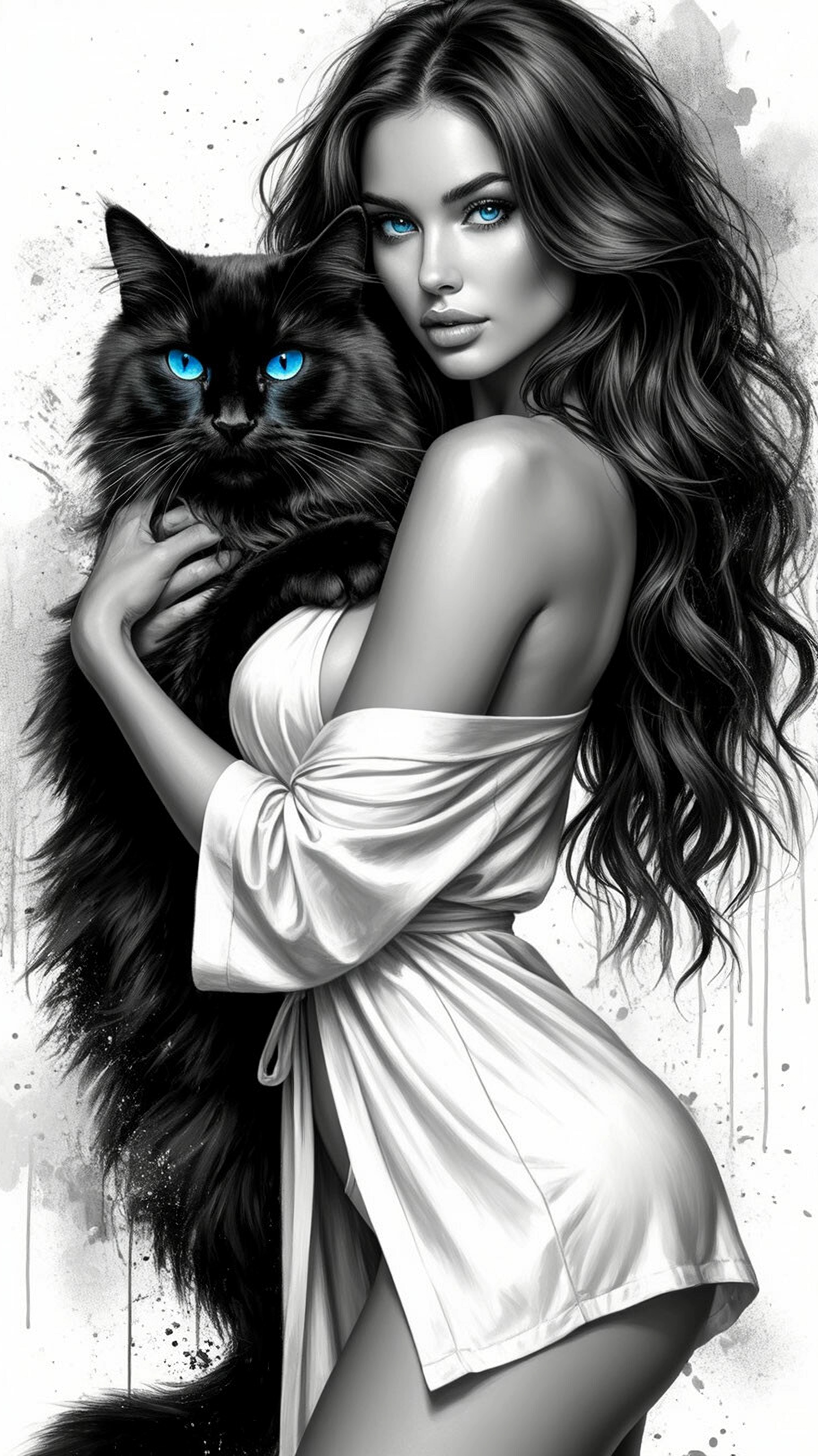 Иллюстрация женщины с длинными волосами, обнимающей черного кота с ярко-синими глазами