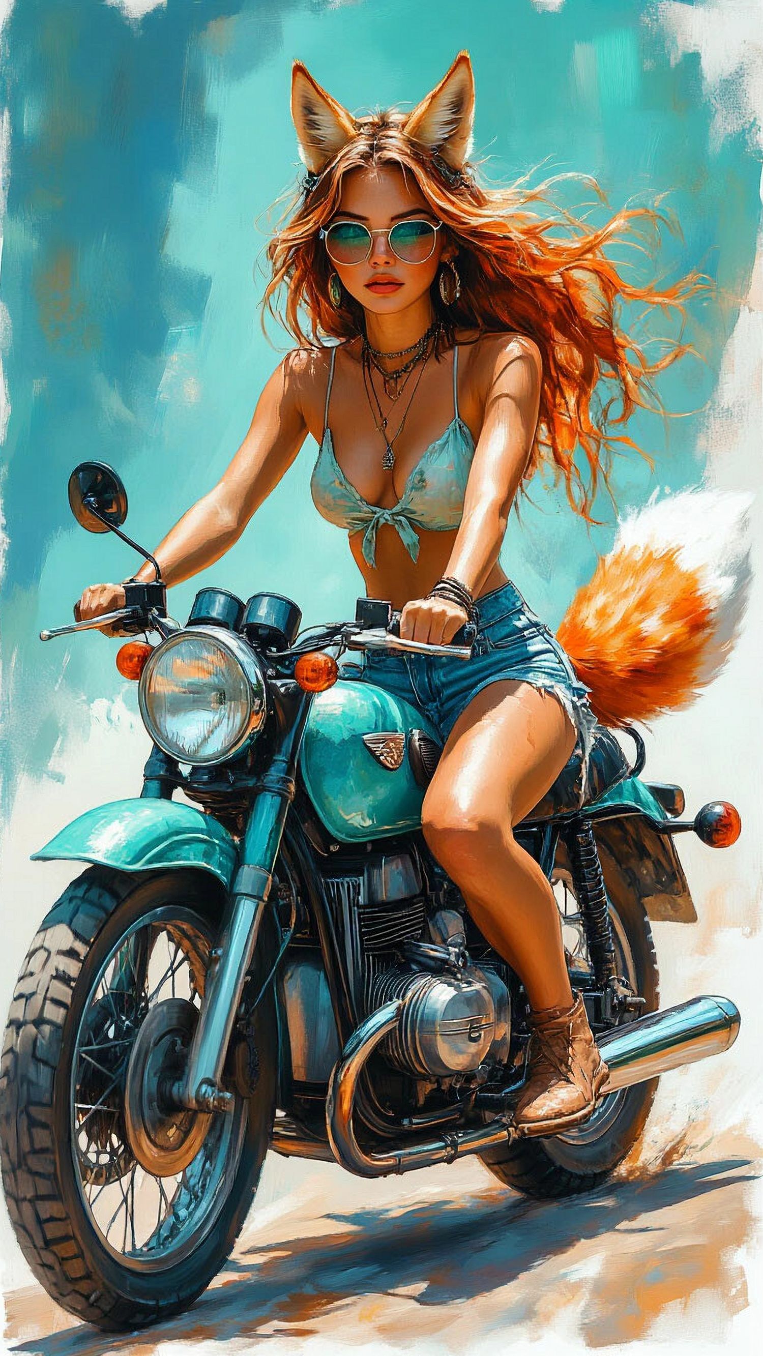 Женщина с ушами лисы на ярком мотоцикле в летнем образе