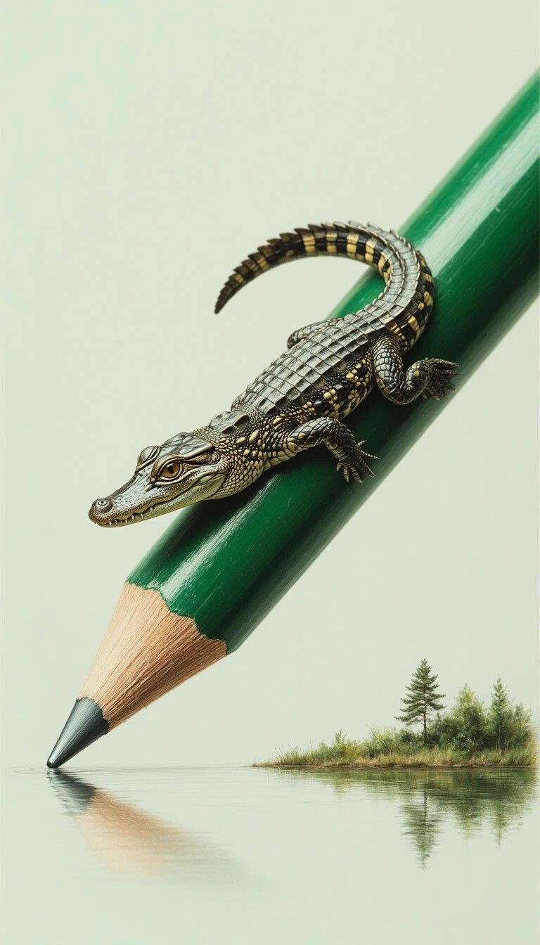 Цветная иллюстрация: маленький крокодил наконечнике карандаша на фоне воды и деревьев