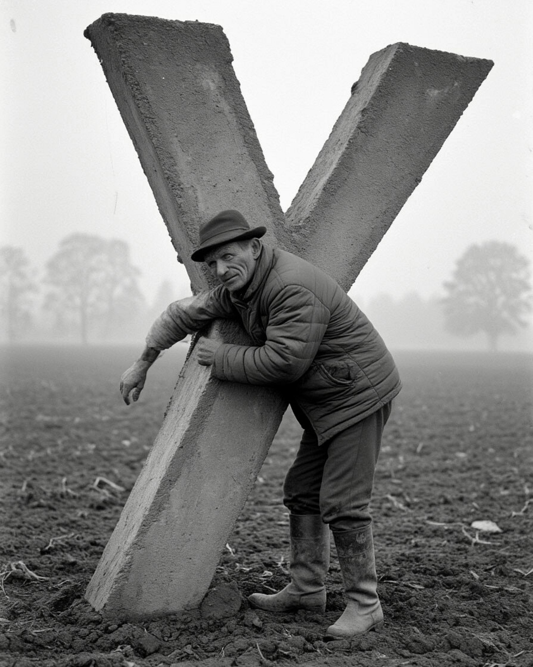 Мужчина облокачивается на огромную бетонную букву X на пустом поле в черно-белом кадре