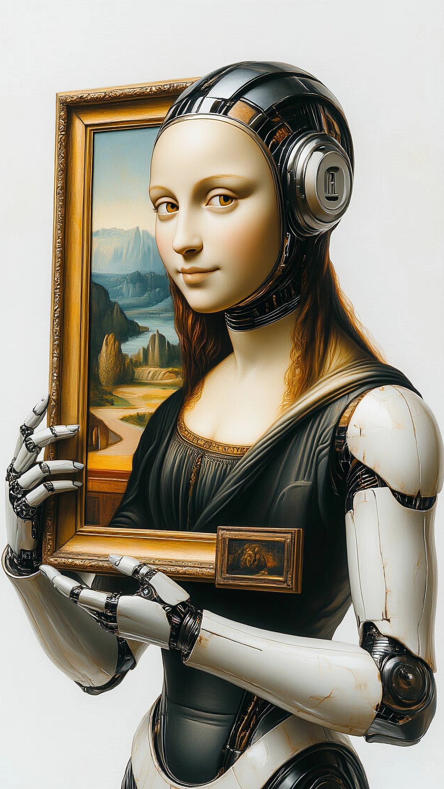 Робот-андроид держит картину в стиле Моны Лизы.