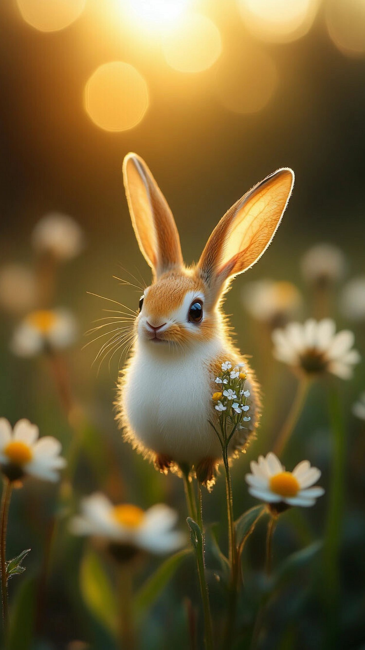 Зайчик на поле цветов под тёплым закатным светом