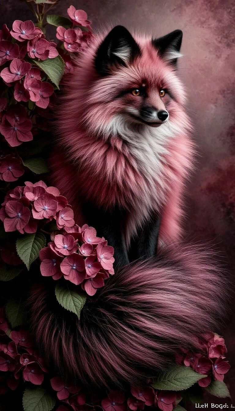 Рыжая лиса с ярко-розовой шерстью среди розовых цветов