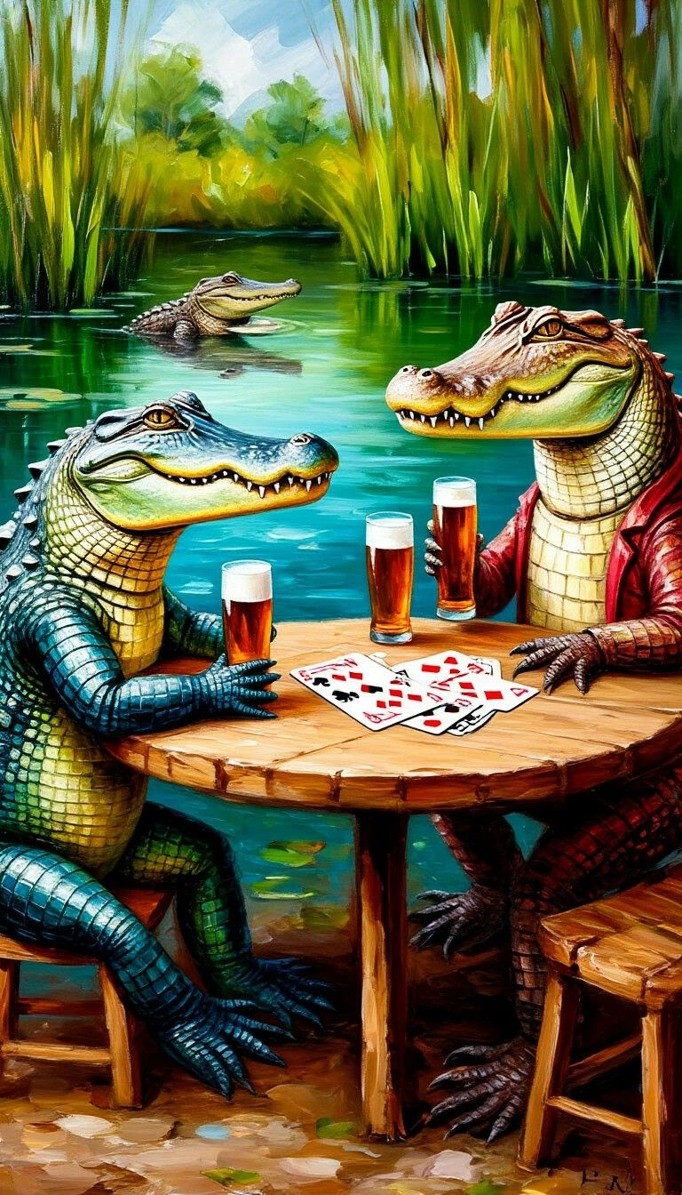 картина с говорящими аллигаторами за столом с пивом и картами