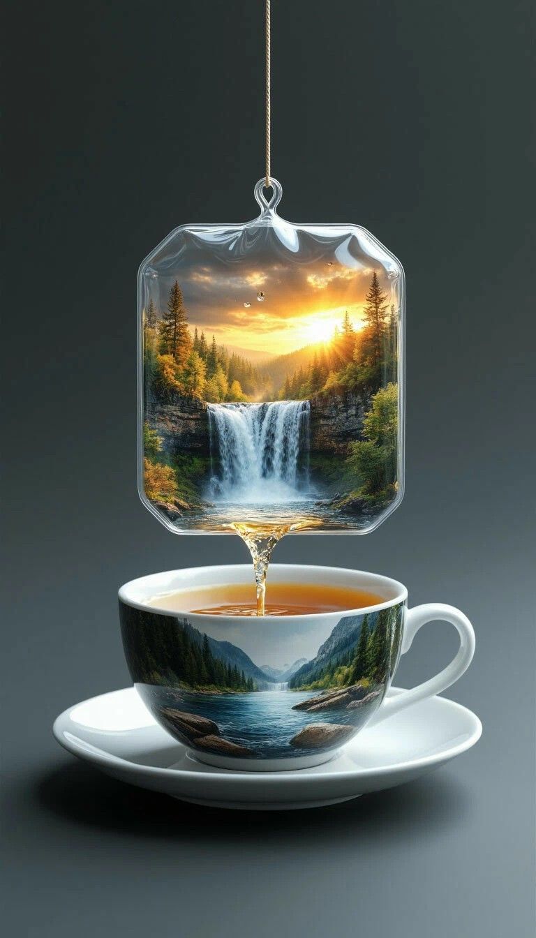 Сюрреалистическая чашка чая: сверху висящий поднос с пейзажем и водопадом, из которого льётся чай.