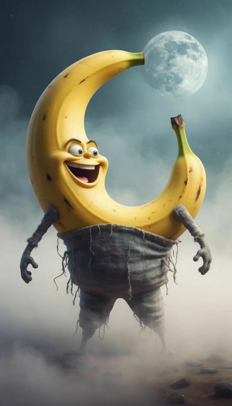Анимационная банана с лицом и лохматыми рукавами, на фоне луны и тумана.