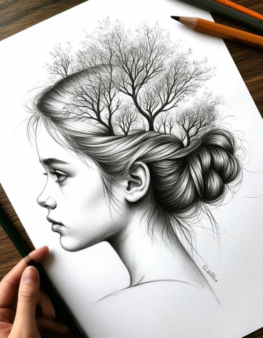 Иллюстративный портрет девушки с деревьями вместо волос